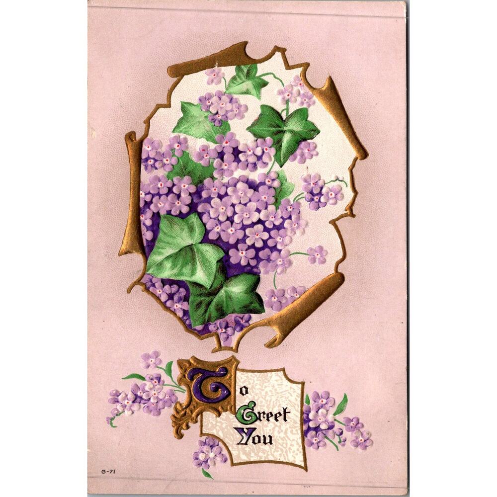 To Greet You With Puple Violets & Gold Vintage Postcard SP17-18